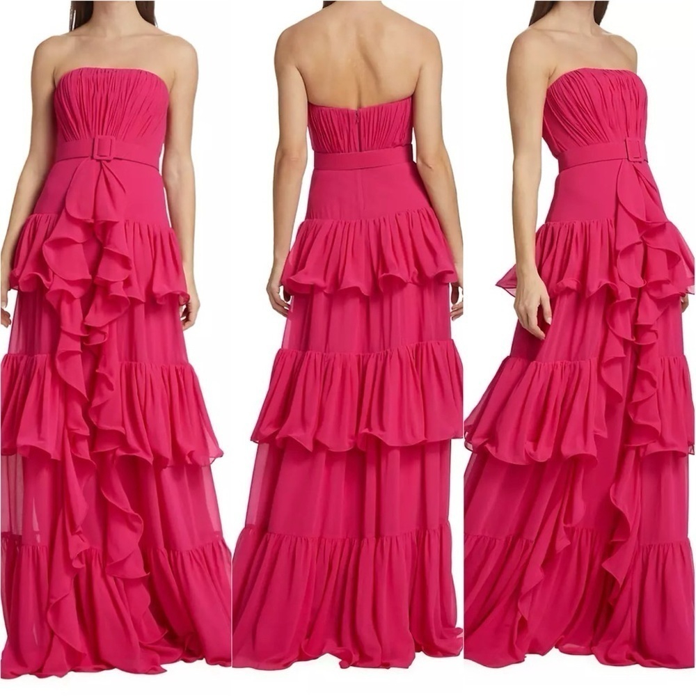 Badgley Mischka Strapless Tiered Ruffle Gown